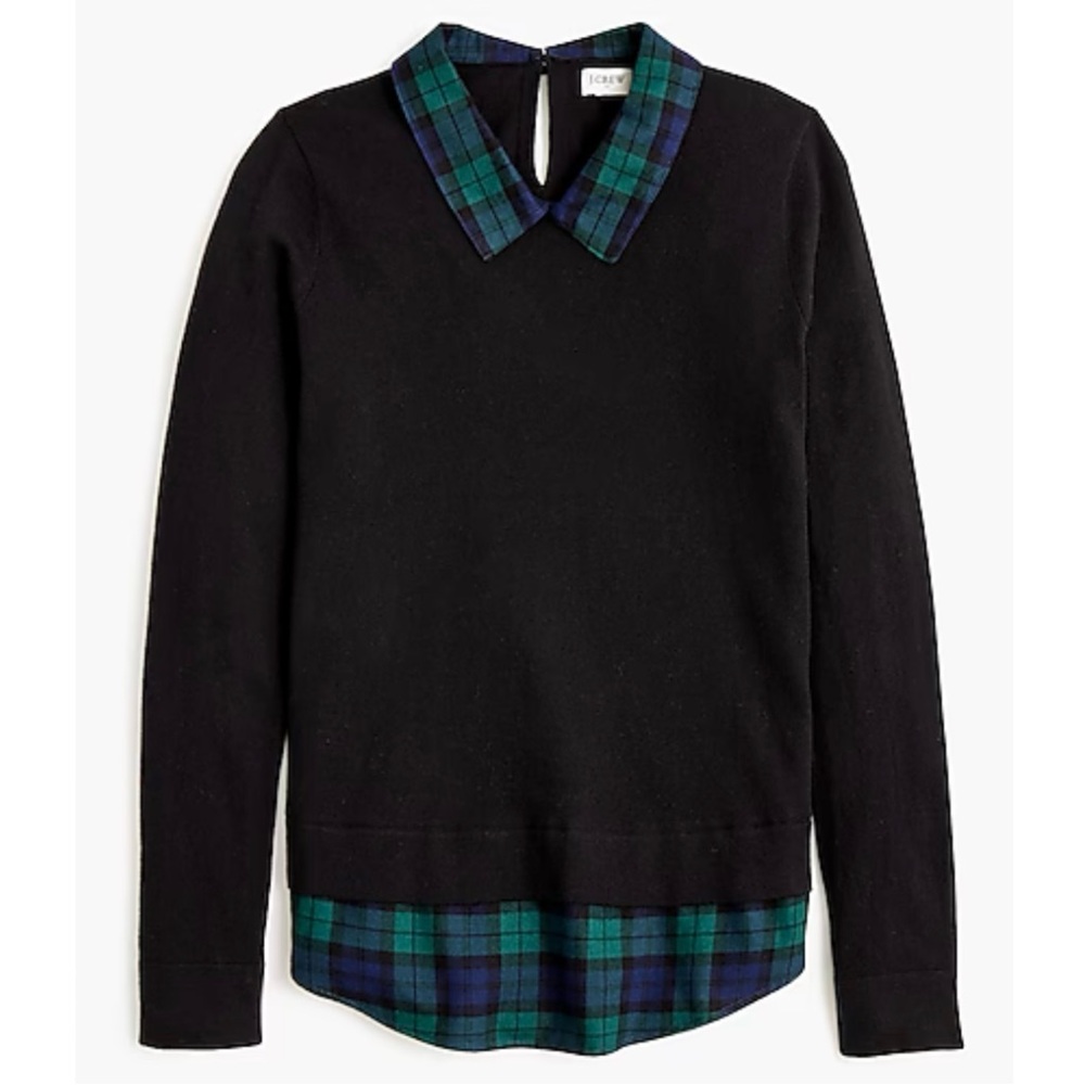 J. Crew Black Top with Green and Blue Plaid Collar